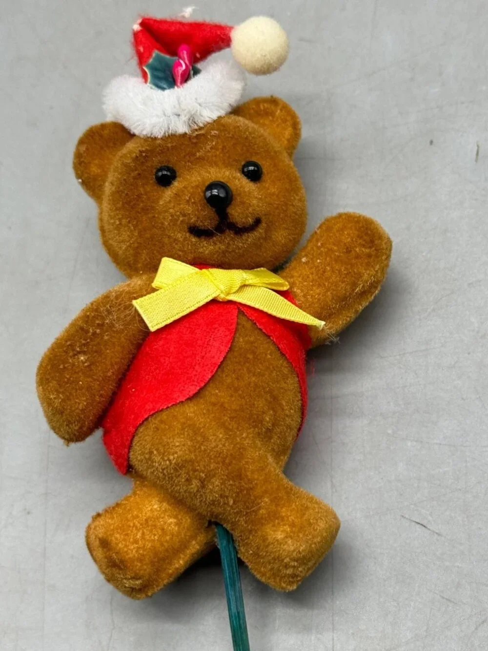 Flocked Teddy Bear Santa Hat Figurine Christmas decoration bow vest holly READ